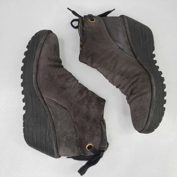 FLY London Suede Ruched Ankle Boots with Tie Detail Gray Women's Size 8 Wedge - Picture 5 of 9